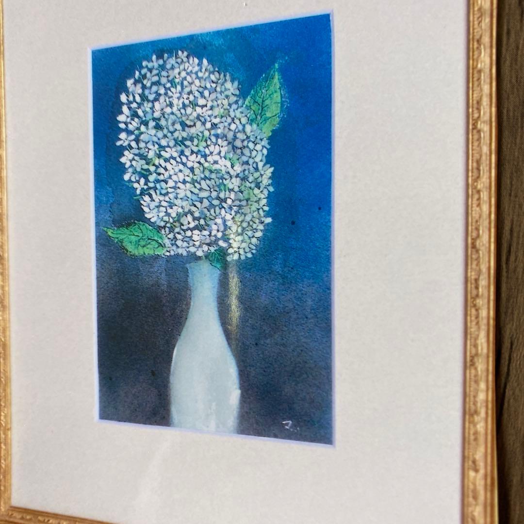 絵画　水彩画　P3号「アジサイ」菊地正則　額付き　美品　サイン入り　静物画　原画