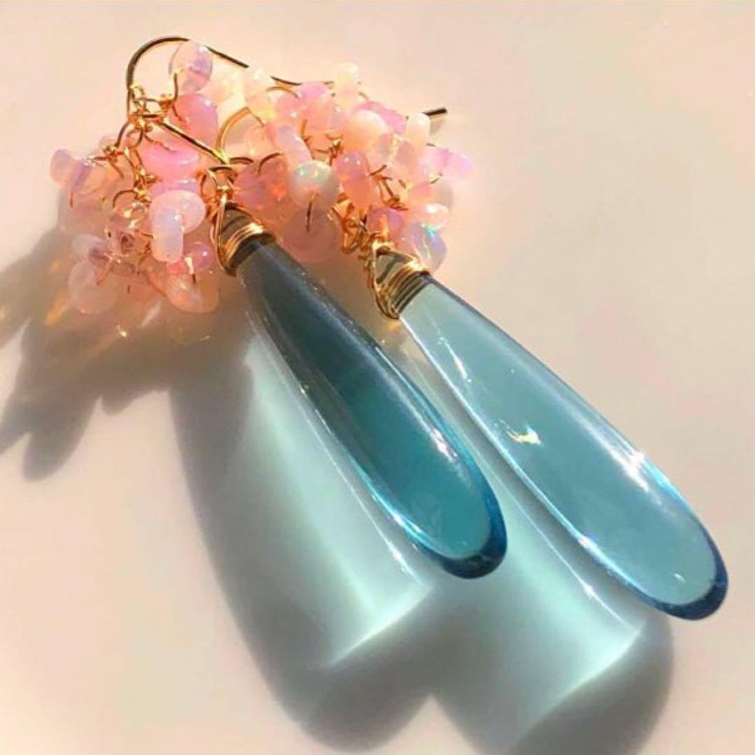 天然石♡桜プレシャスオパール×ティールブルーのピアス14kgf