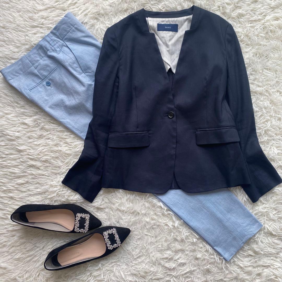 theory×SHIPS リネン混 ノーカラージャケット パンツスーツ M