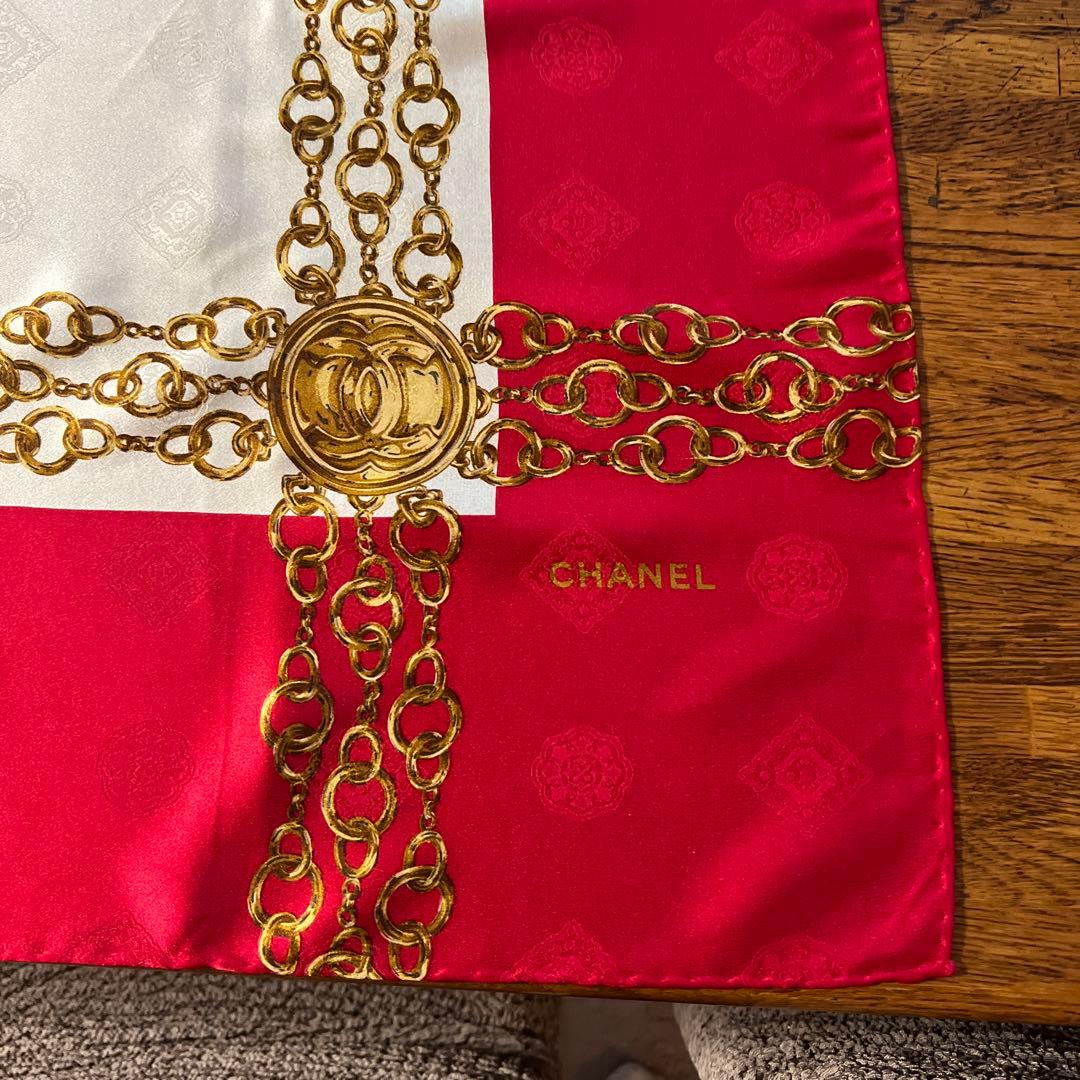 CHANEL シャネル シルク スカーフ 赤 白 金