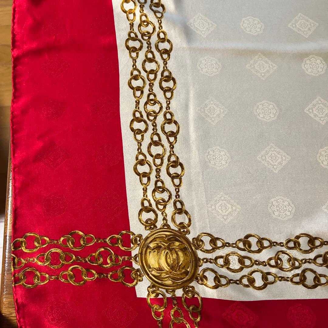 CHANEL シャネル シルク スカーフ 赤 白 金