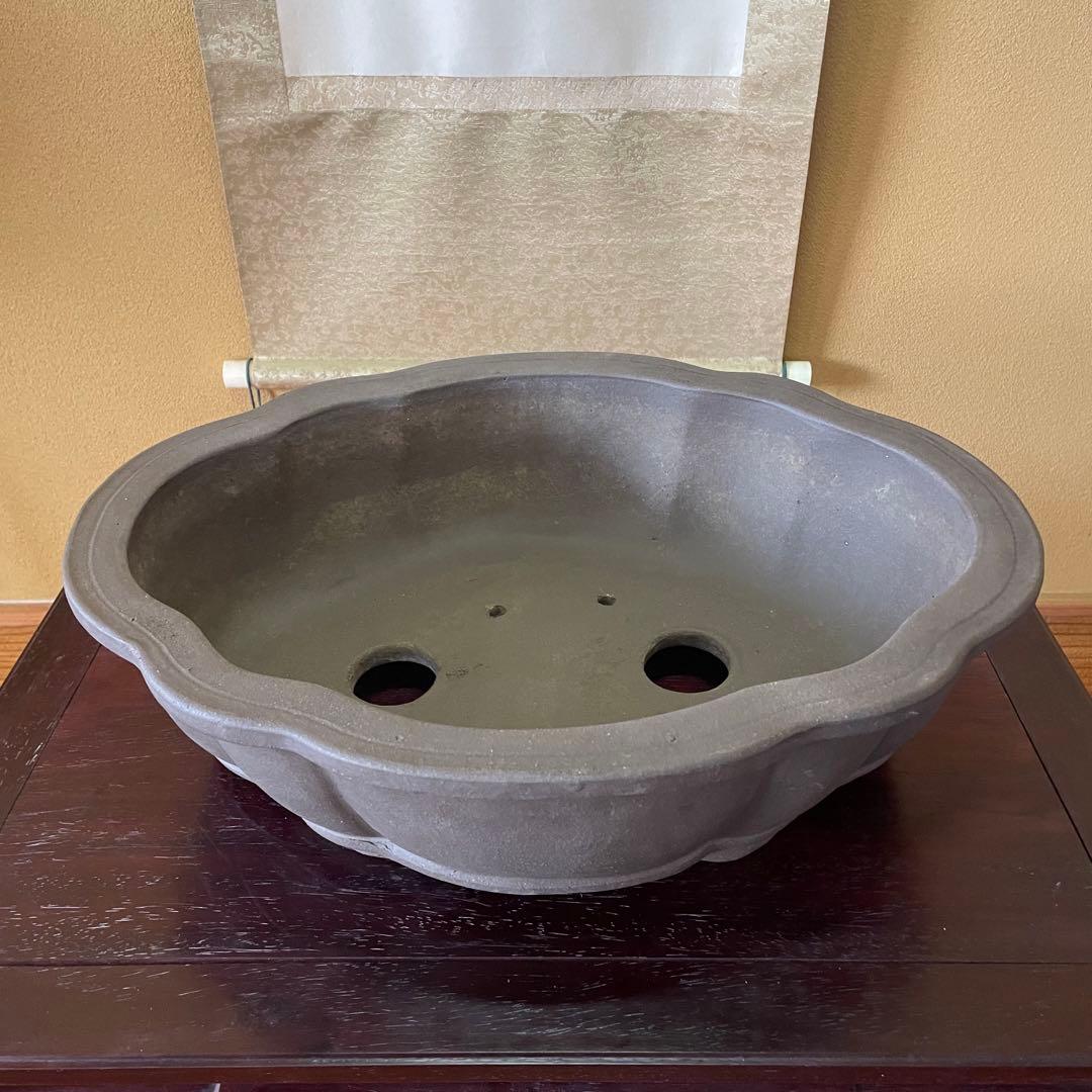 中国宜興 紫砂 木瓜下帯花足 烏泥盆栽鉢 真柏盆栽 MADE IN YIXING