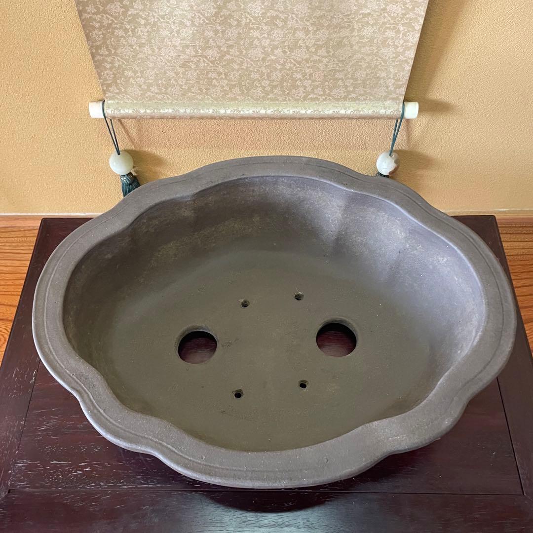 中国宜興 紫砂 木瓜下帯花足 烏泥盆栽鉢 真柏盆栽 MADE IN YIXING