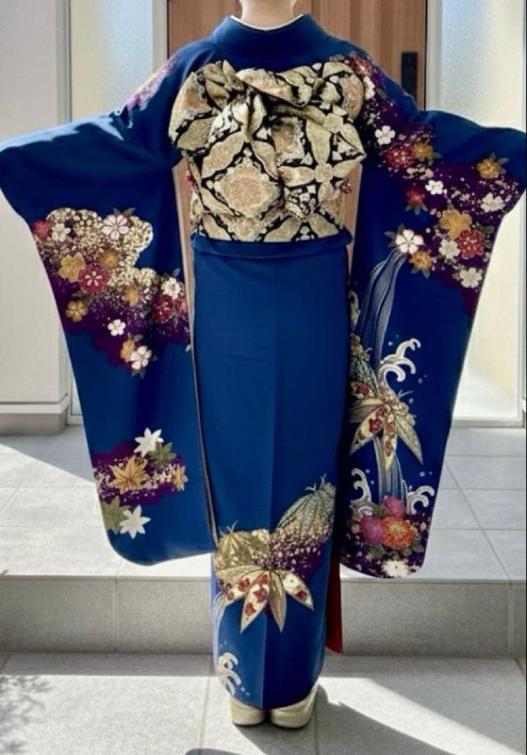 【溝口様お取り置き】 古典柄 青地振袖 正絹 完全フルセット 振袖一式