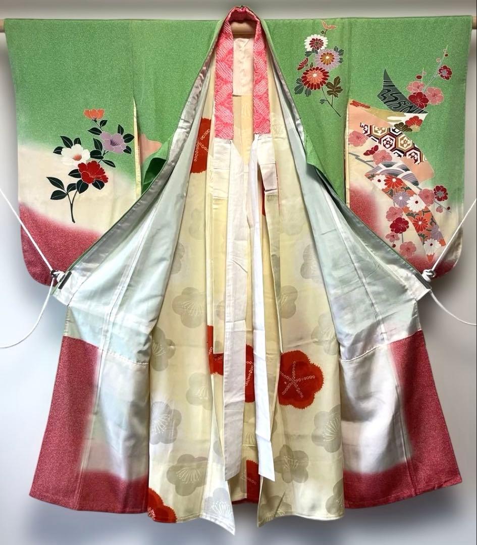 □七五三7歳　正絹女児用振り袖着物　正絹襦袢付　おしどり　緑系