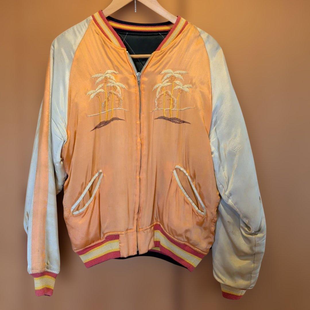 オレンジ色 スカジャン ヤシの木刺繍