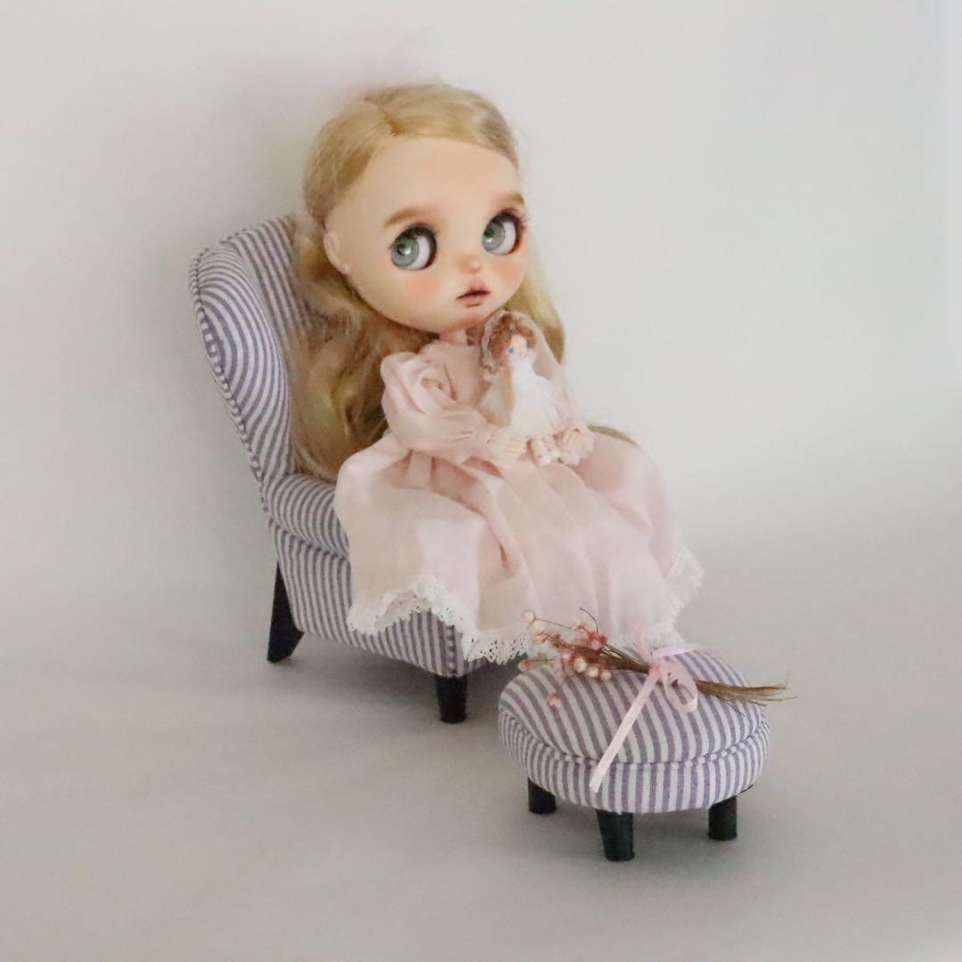 【ドールハウス】　☆honeyard☆　1/6ソファ＆オットマン(ストライブ柄)