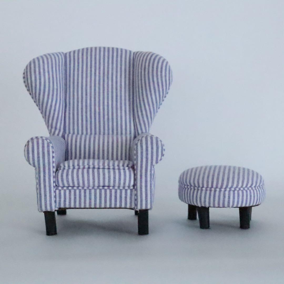 【ドールハウス】　☆honeyard☆　1/6ソファ＆オットマン(ストライブ柄)
