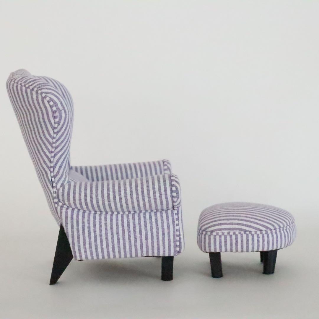 【ドールハウス】　☆honeyard☆　1/6ソファ＆オットマン(ストライブ柄)