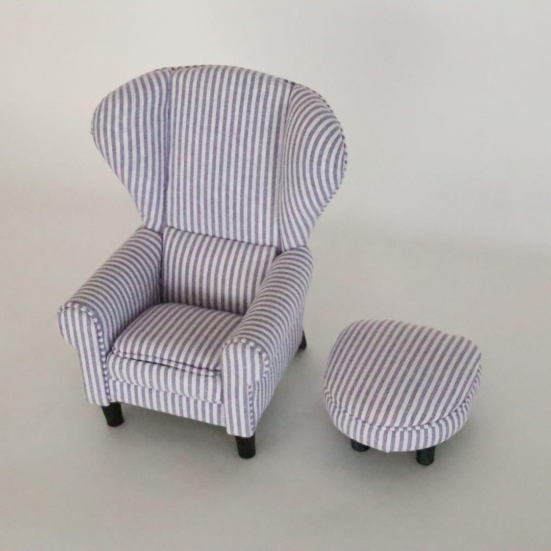 【ドールハウス】　☆honeyard☆　1/6ソファ＆オットマン(ストライブ柄)