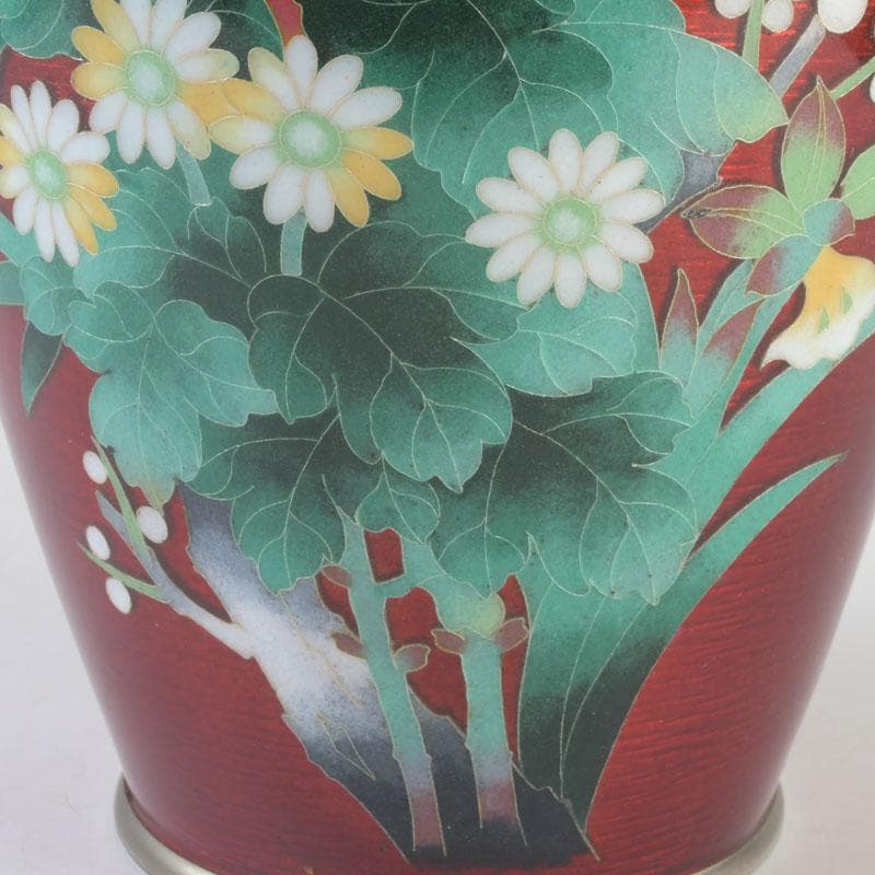 七宝焼　赤透釉　四君子文　花瓶　V　9699A