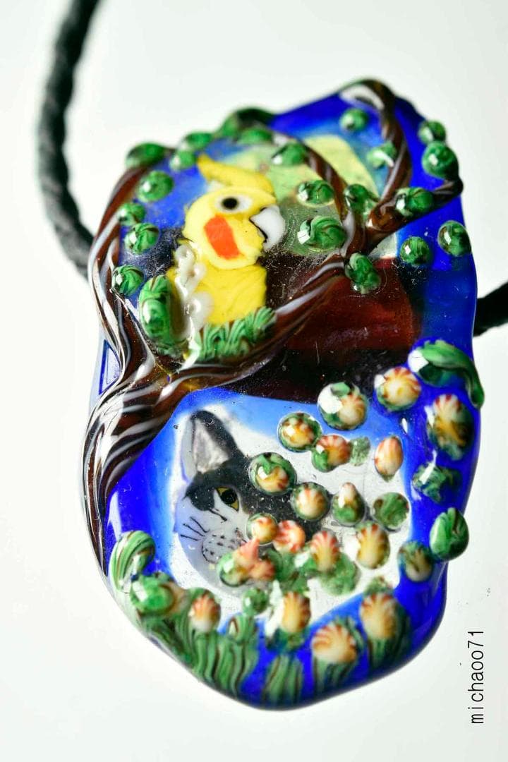 インコ　猫　とんぼ玉 トンボ玉 蜻蛉玉 ペンダントトップ 13466-491