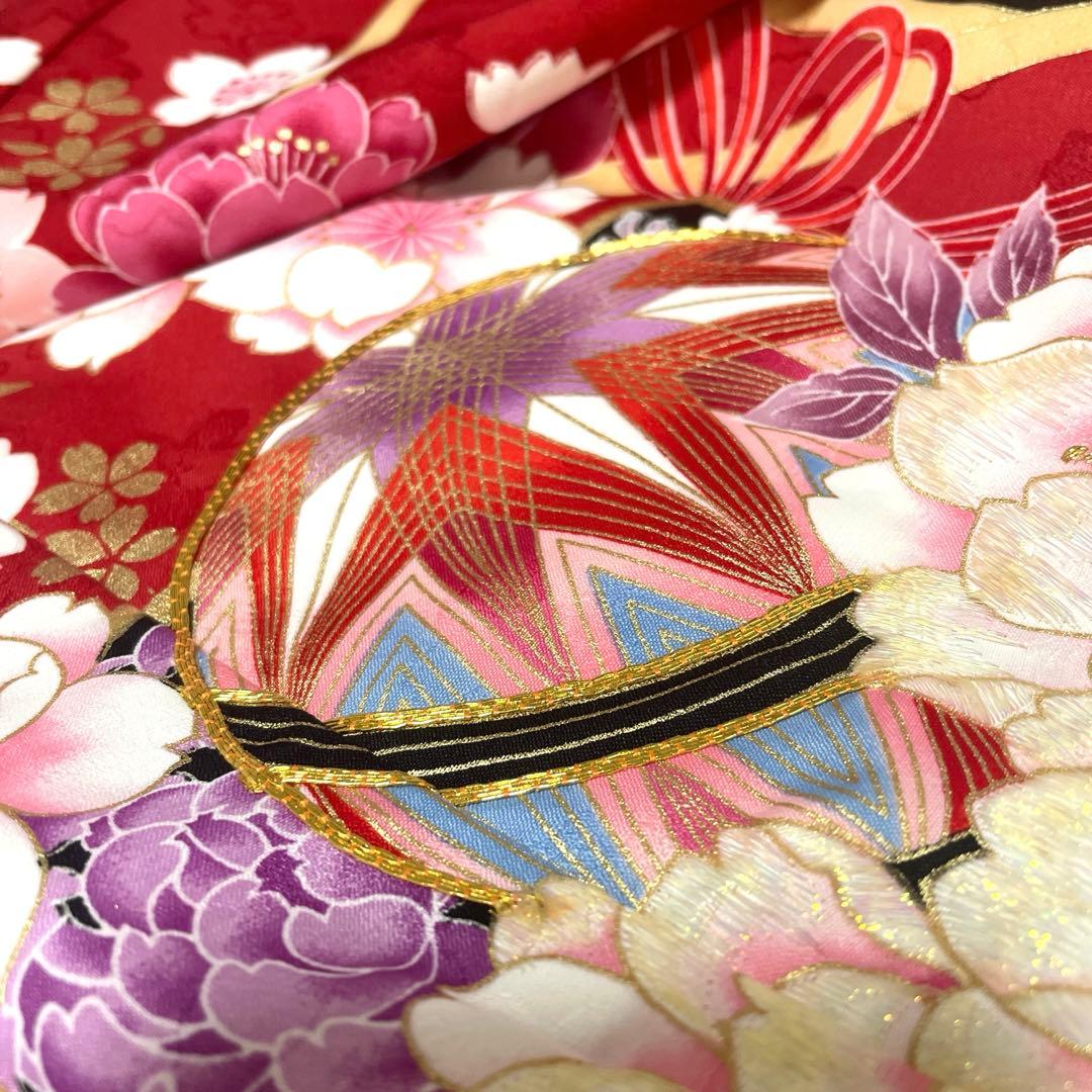 □七五三　女児振り袖着物　桜吹雪　手毬　金駒刺繍　襦袢半衿重ね衿付