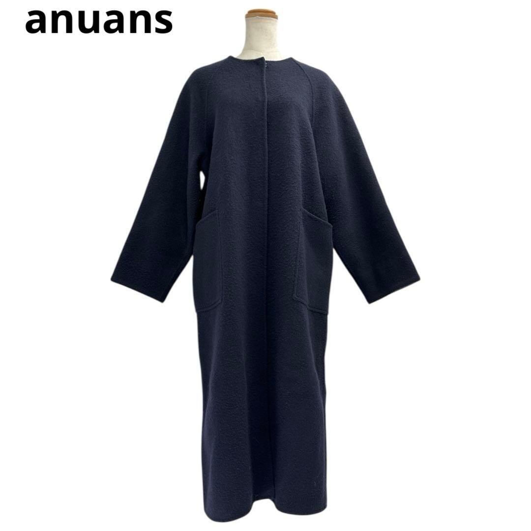 美品　anuans　ノーカラーウールロングコート　F　ネイビー　b5K002