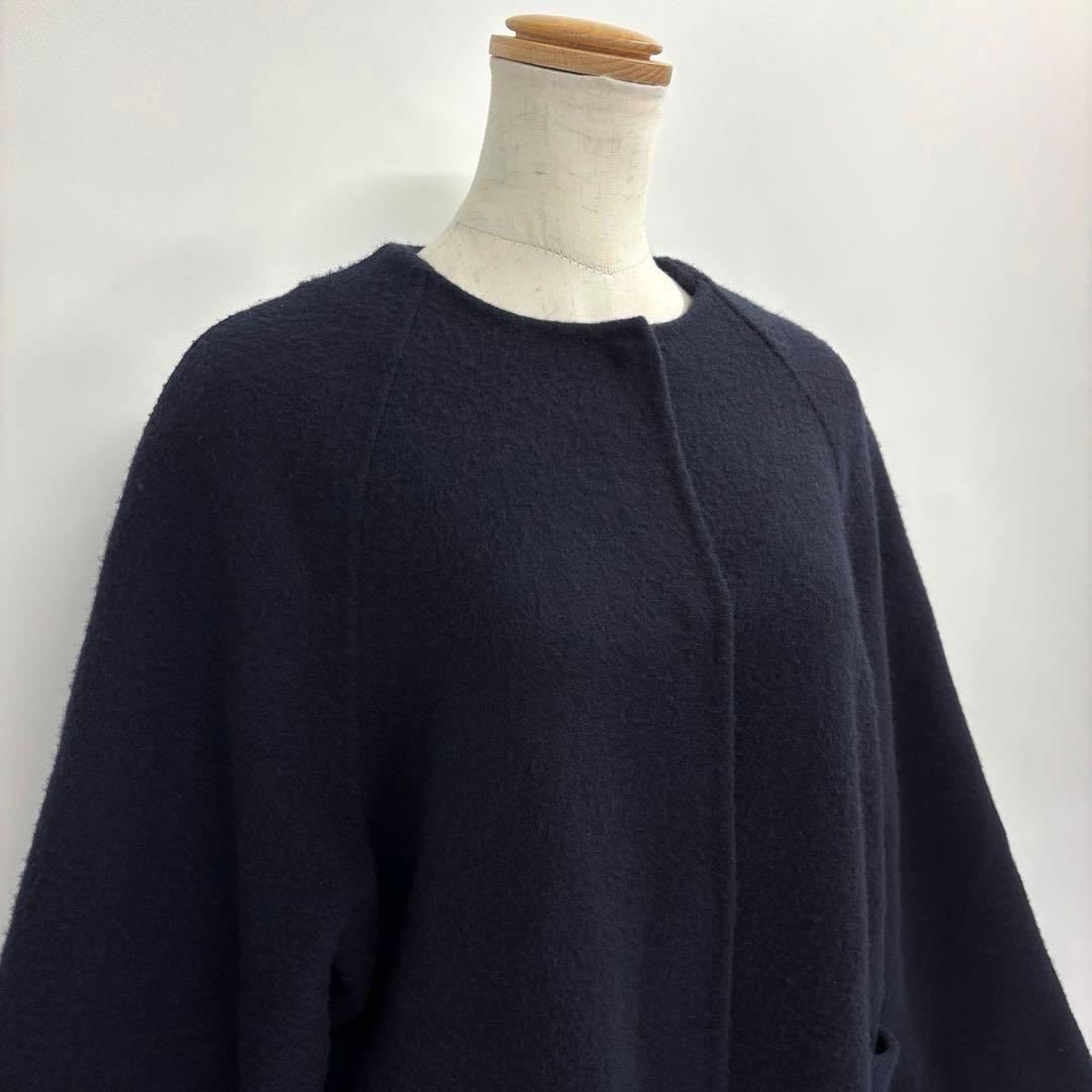 美品　anuans　ノーカラーウールロングコート　F　ネイビー　b5K002