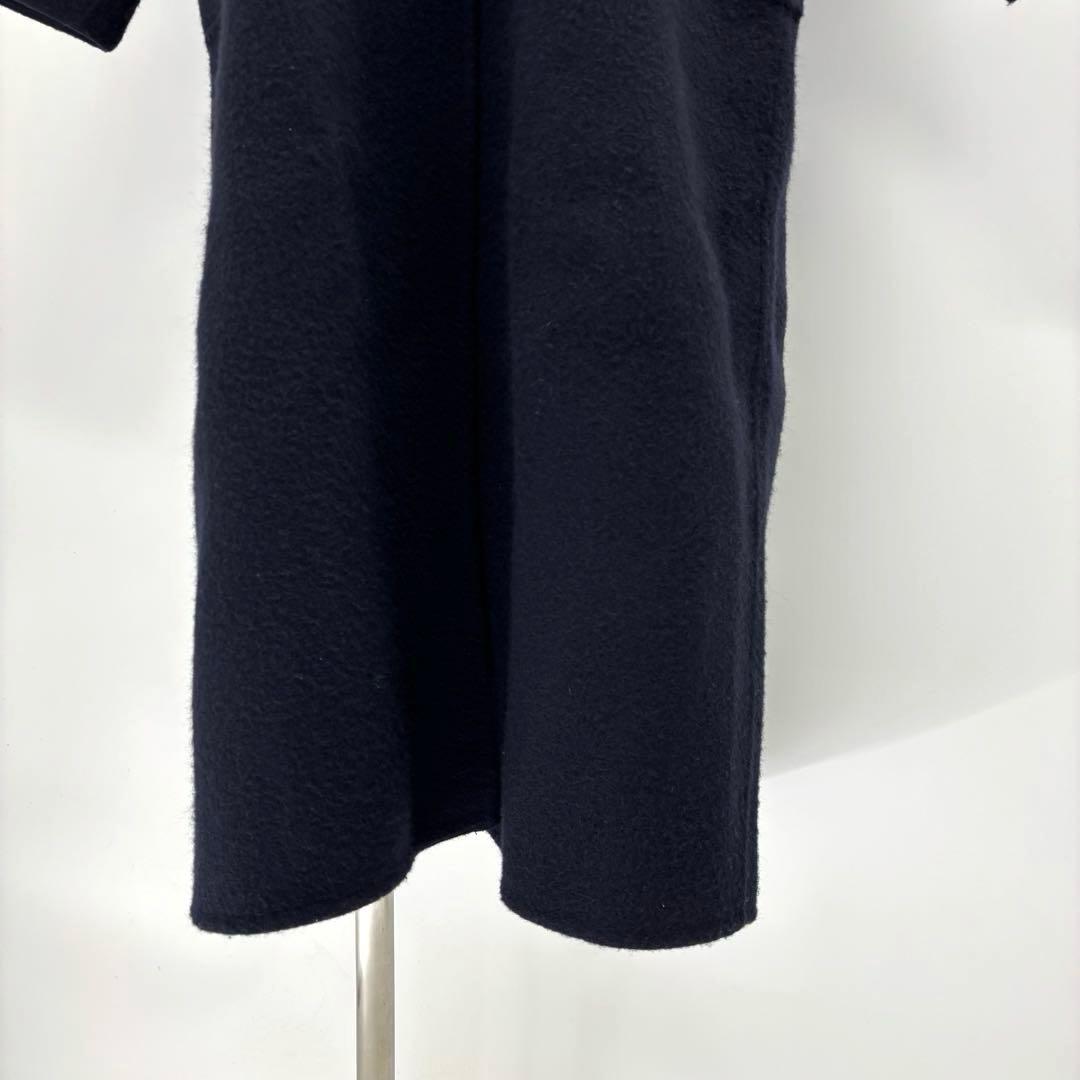 美品　anuans　ノーカラーウールロングコート　F　ネイビー　b5K002