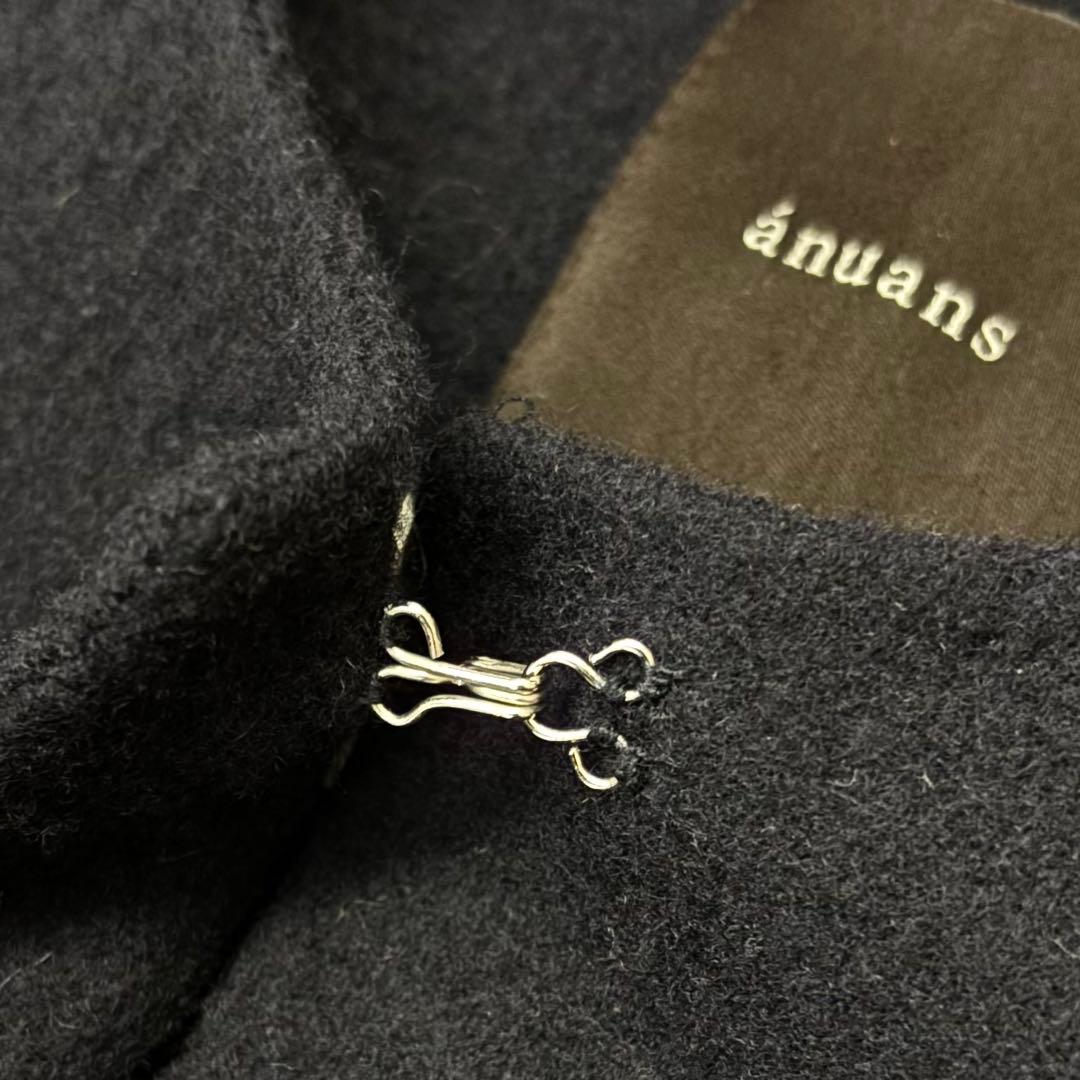 美品　anuans　ノーカラーウールロングコート　F　ネイビー　b5K002