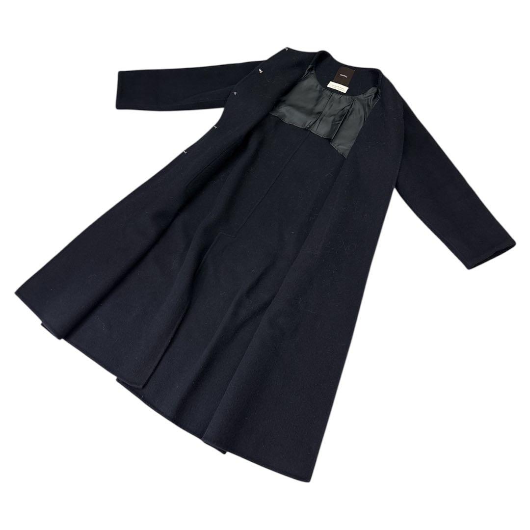 美品　anuans　ノーカラーウールロングコート　F　ネイビー　b5K002