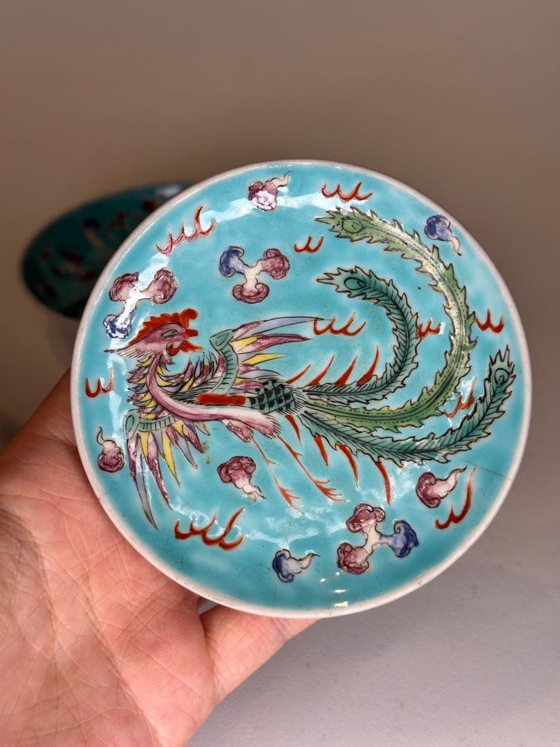 青釉　鳳凰文　色絵　小皿　三点組　底款有　古美術