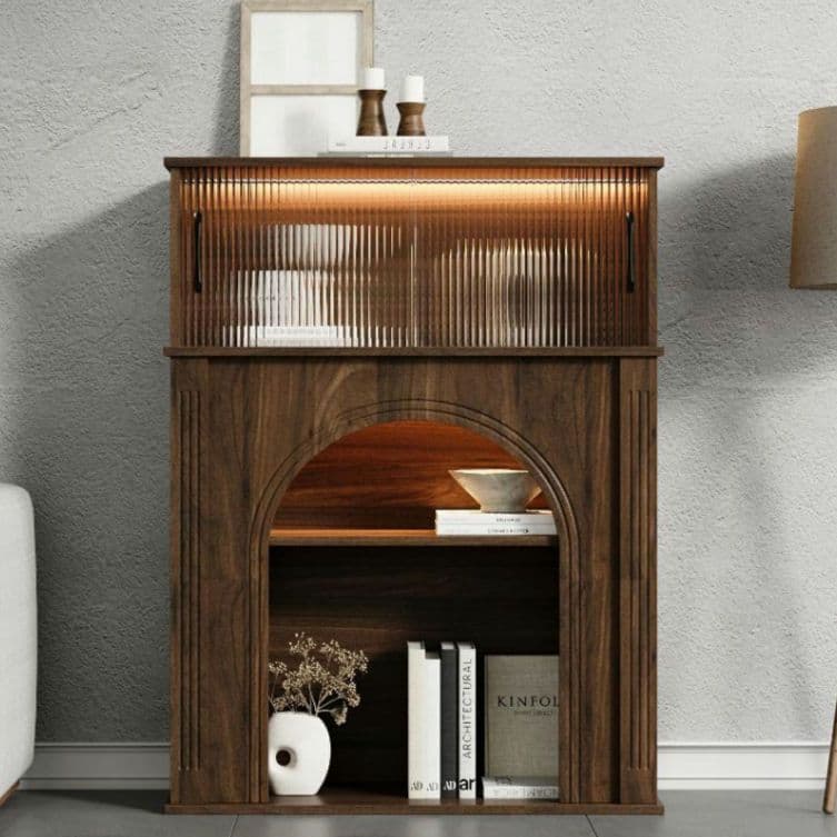 LEDライト付 マントルピース ディスプレイキャビネット 収納棚 暖炉風シェルフ