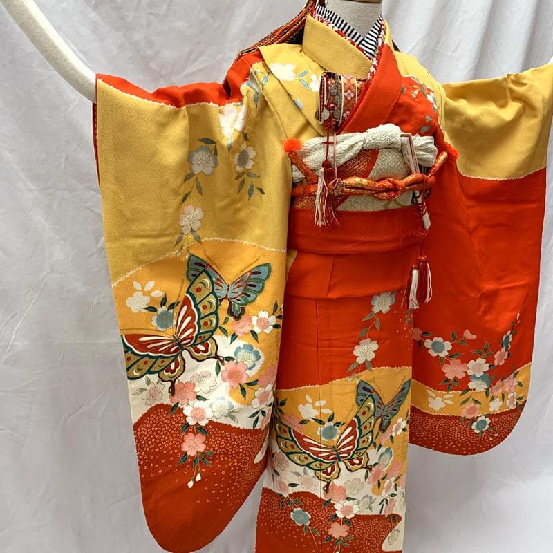 508ag90□七五三 七歳 女児 着物&袋帯 金駒刺繍 蝶 桜□美品