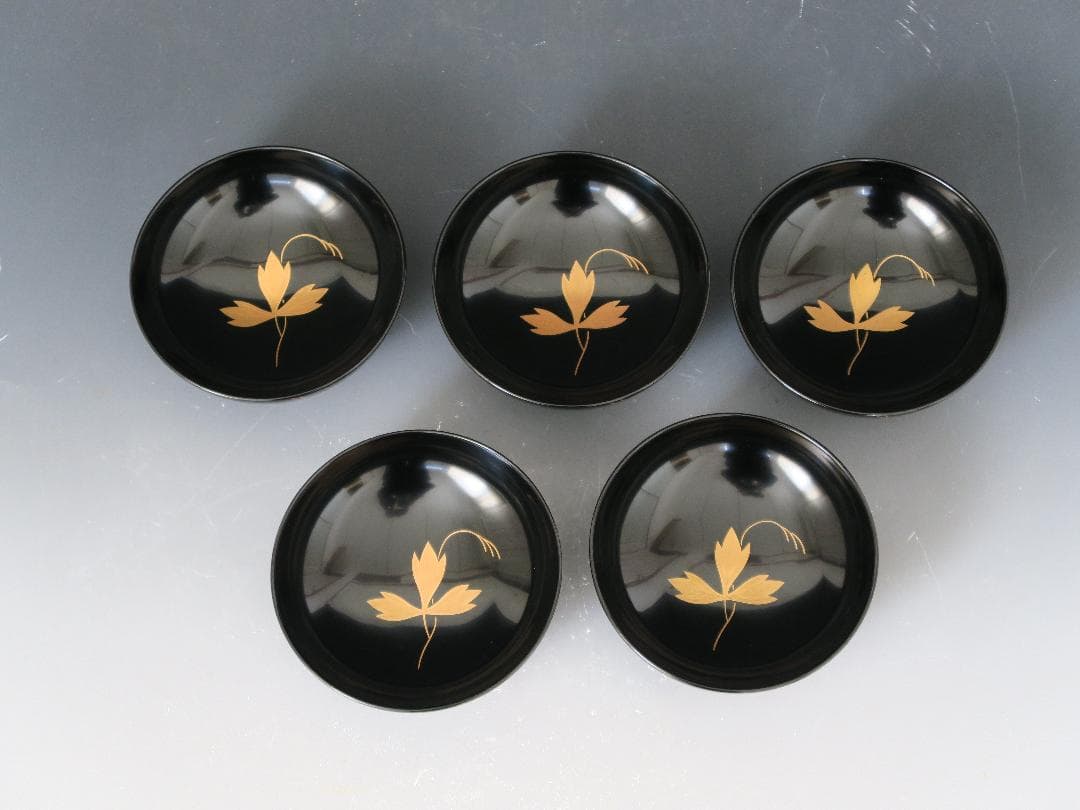 【輪島塗】鉄仙蒔絵 吸物椀 黒塗 見返し蒔絵 五客揃 天然木 共箱