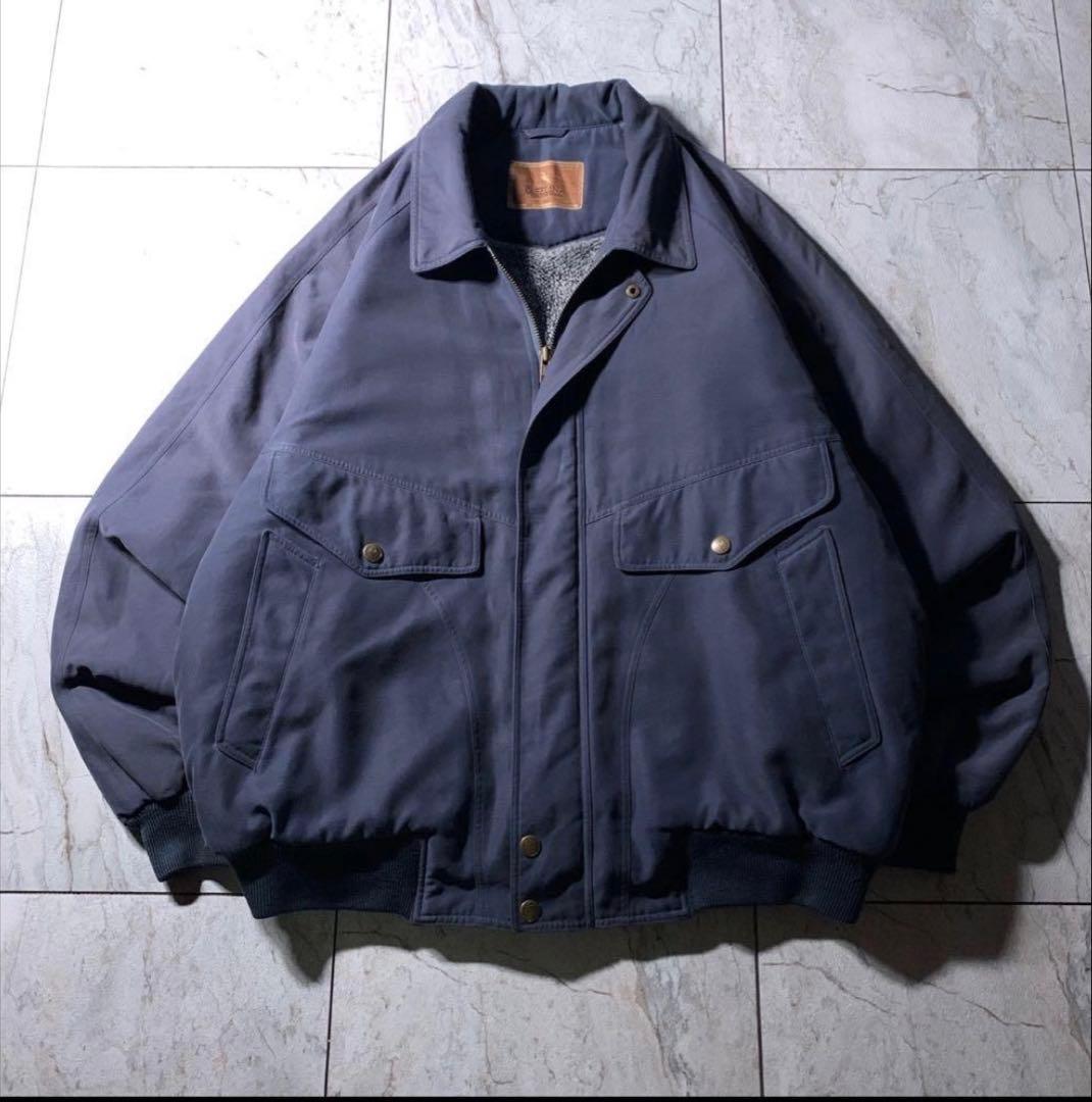 古着 短丈 中綿 ハリントンジャケットスイングトップ ネイビー ボア裏地 M