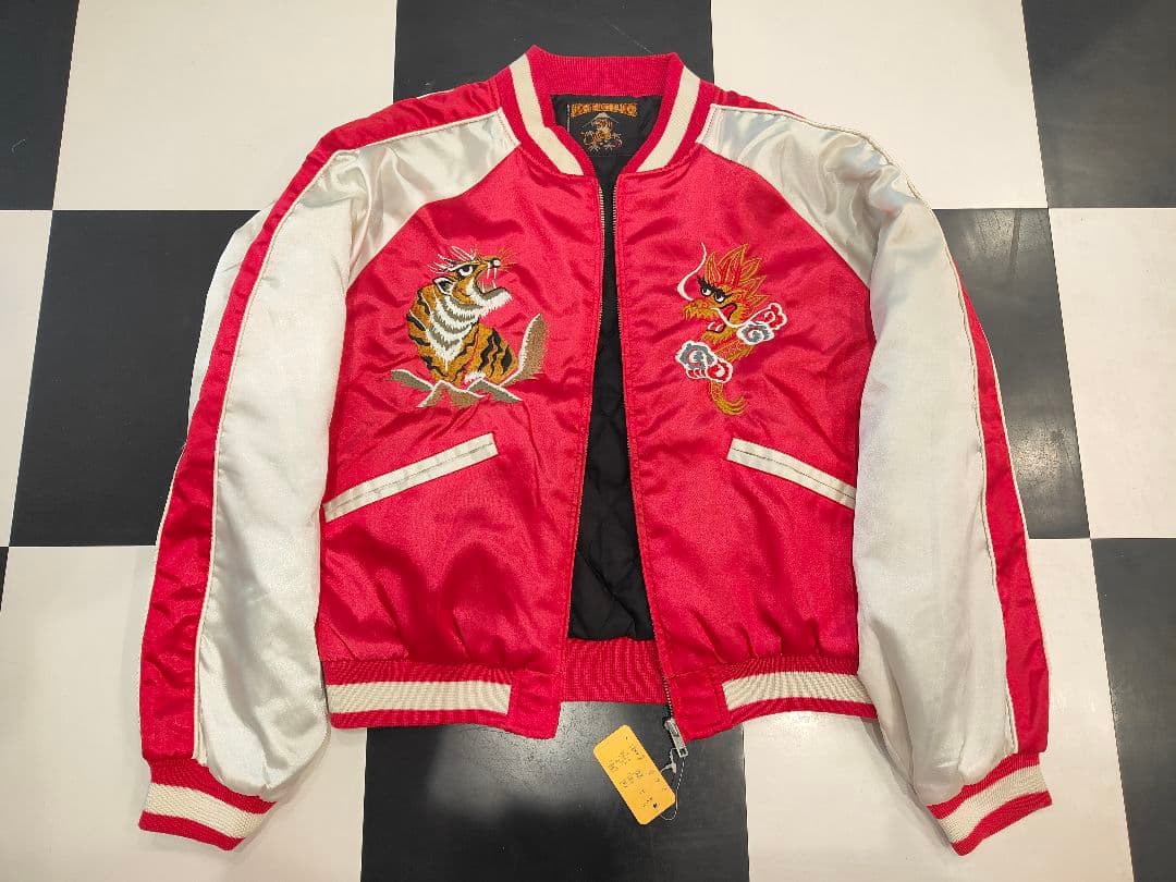 80's〜90's スカジャン 虎と龍 赤 L　TALONジッパー　ロカビリー