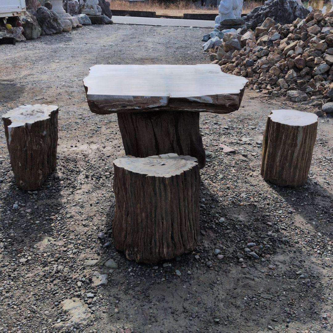 インドネシア産　珪化木　ガーデンテーブル　椅子4石　セット　木化石