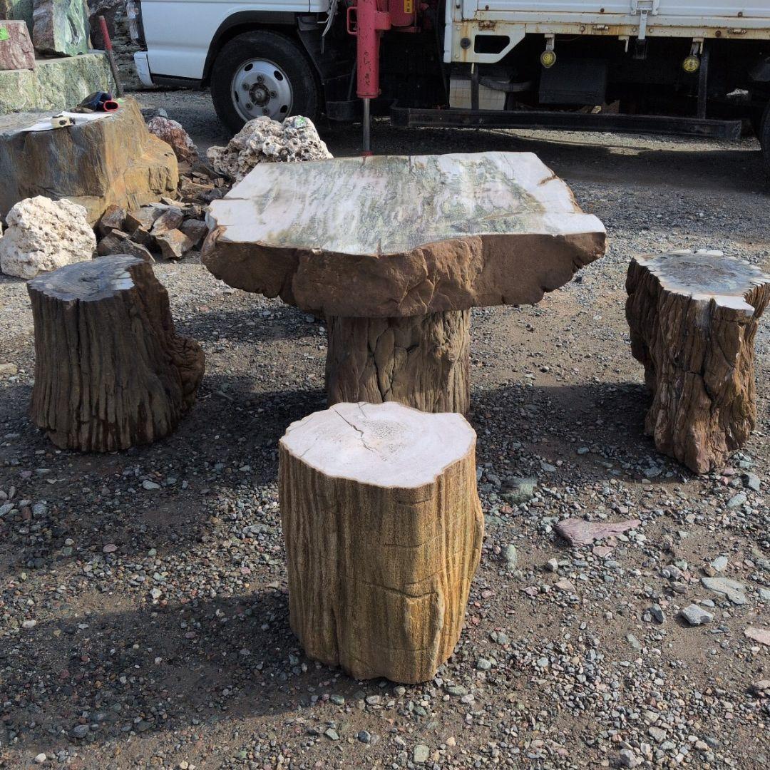 インドネシア産　珪化木　ガーデンテーブル　椅子4石　セット　木化石