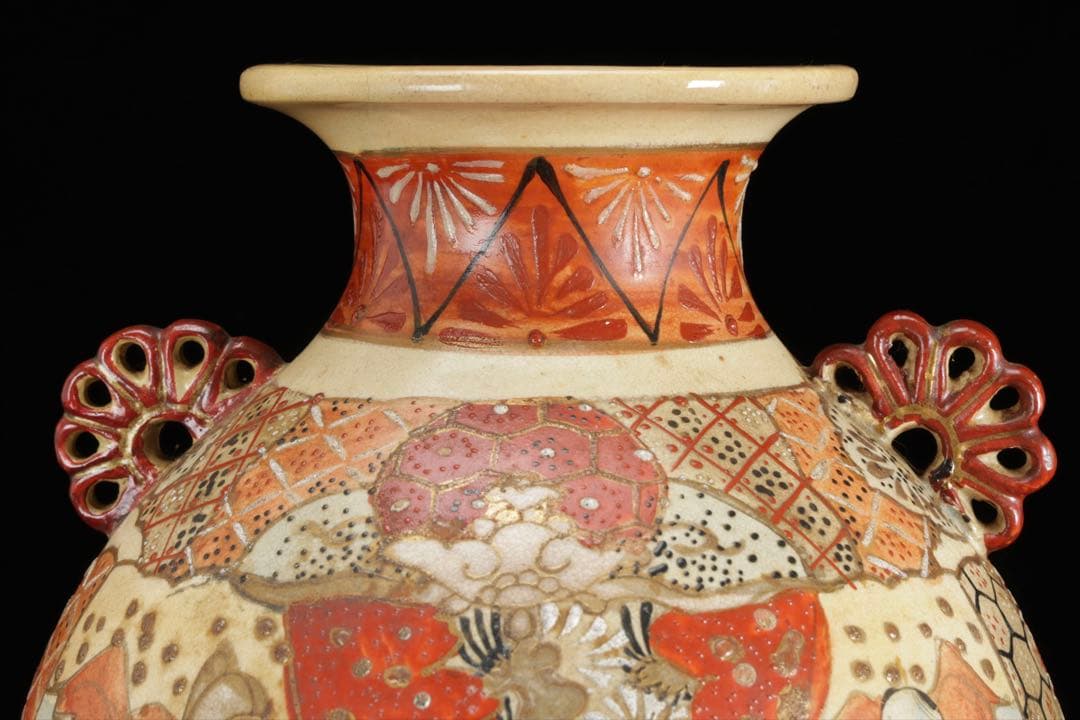 九谷焼 古九谷 赤絵金彩人物図双耳花瓶 飾壺 29㎝ 共箱 時代 古美術 骨董品