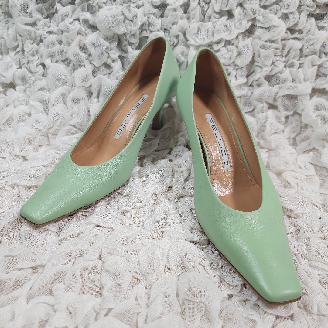 美品 ペリーコ ダマ スクエアトゥ レザー パンプス ムーングリーン 37