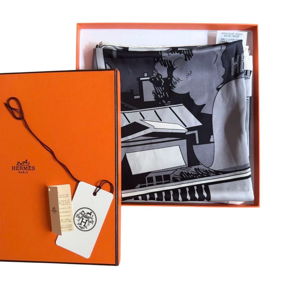 エルメス カレ70 ミッドナイトフォーブル グレー シルク