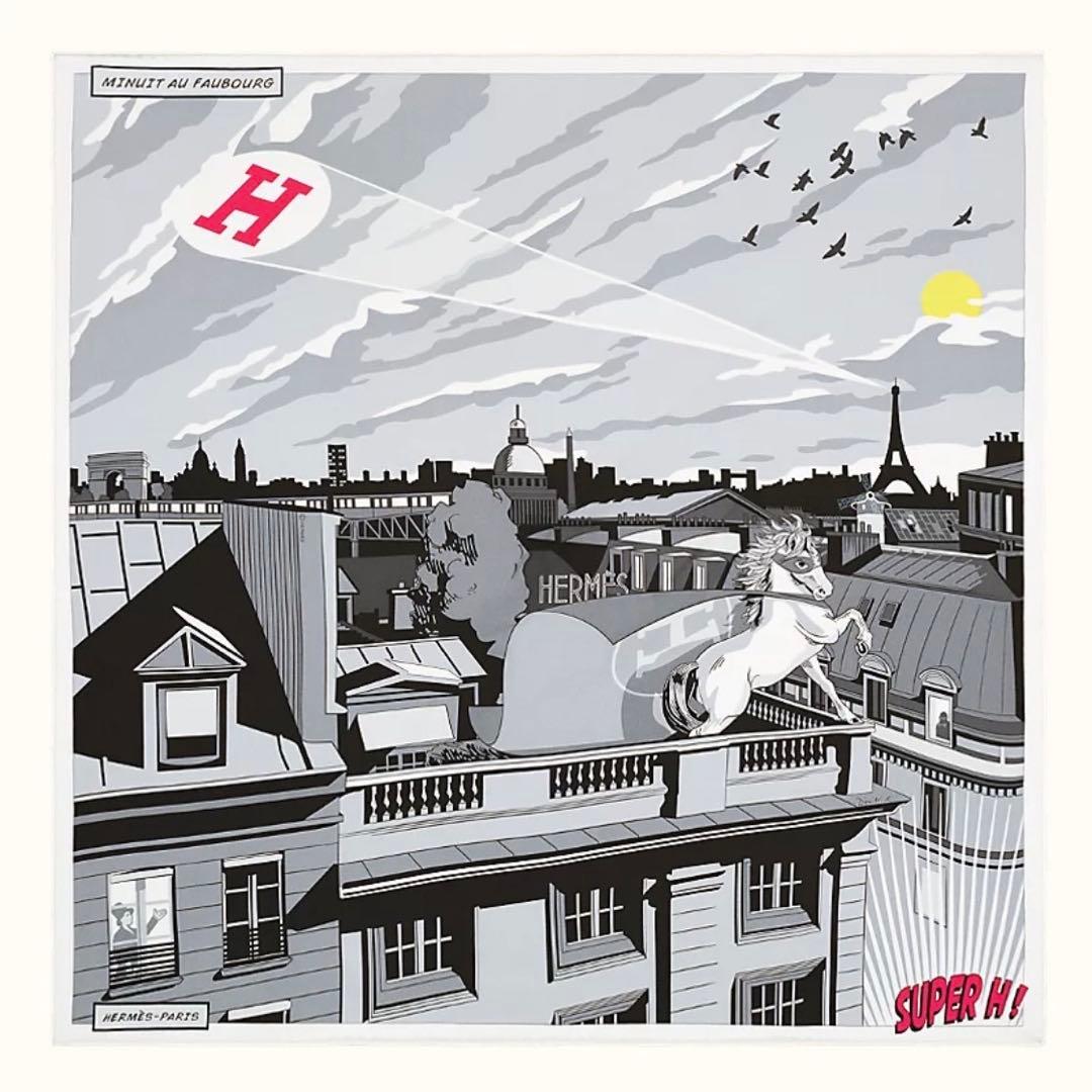 エルメス カレ70 ミッドナイトフォーブル グレー シルク