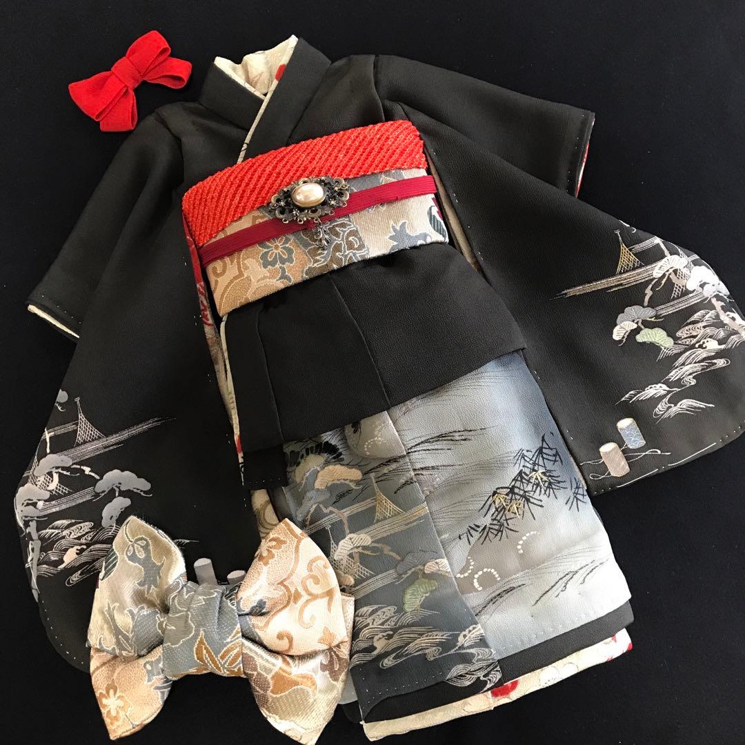 ＊ 市松人形 15号 アンティーク 黒留袖 着物 帯 ＊ 留袖 明治