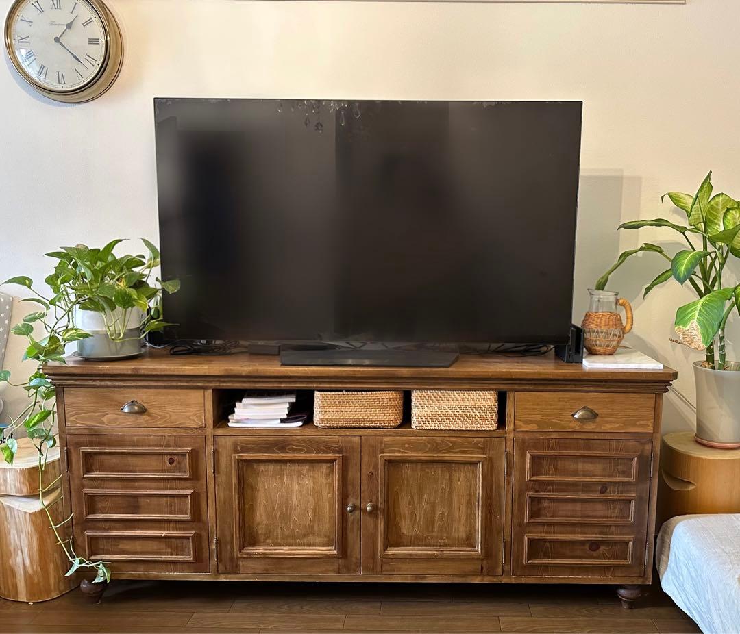 アンティーク風　天然木　プリンターも入るハイタイプテレビ台　キャビネット