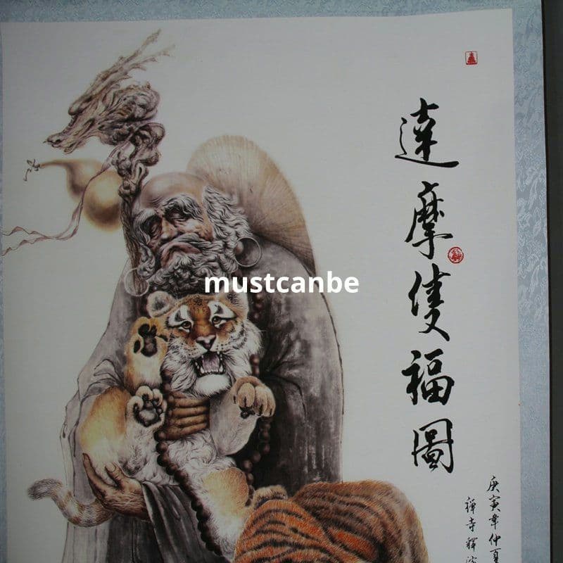 中国美術品 山水宣紙巻物画 掛画 仏像達磨双虎福図 達磨伏虎現代工芸品美術品置物