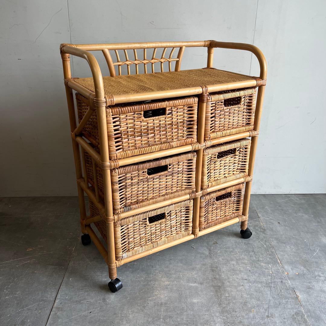 ヴィンテージ ラタン 籐 ラック シェルフ 3段 6杯 昭和レトロ