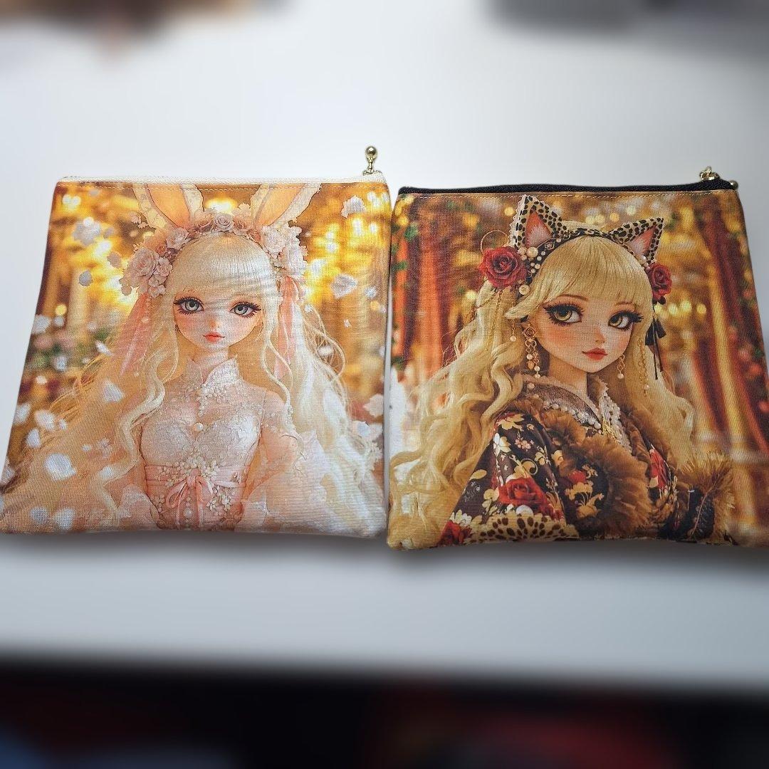 激レア女の子パネル生地　ハンドメイド　両面パネルフラットポーチ