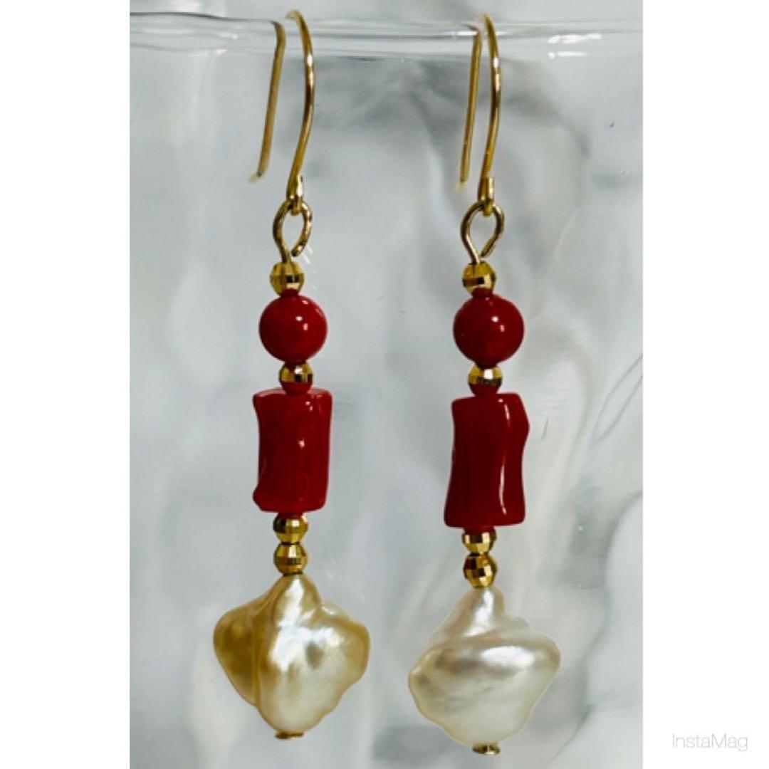 (M0205-6)K18YG南洋ケシパール＋赤珊瑚アメリカンピアス