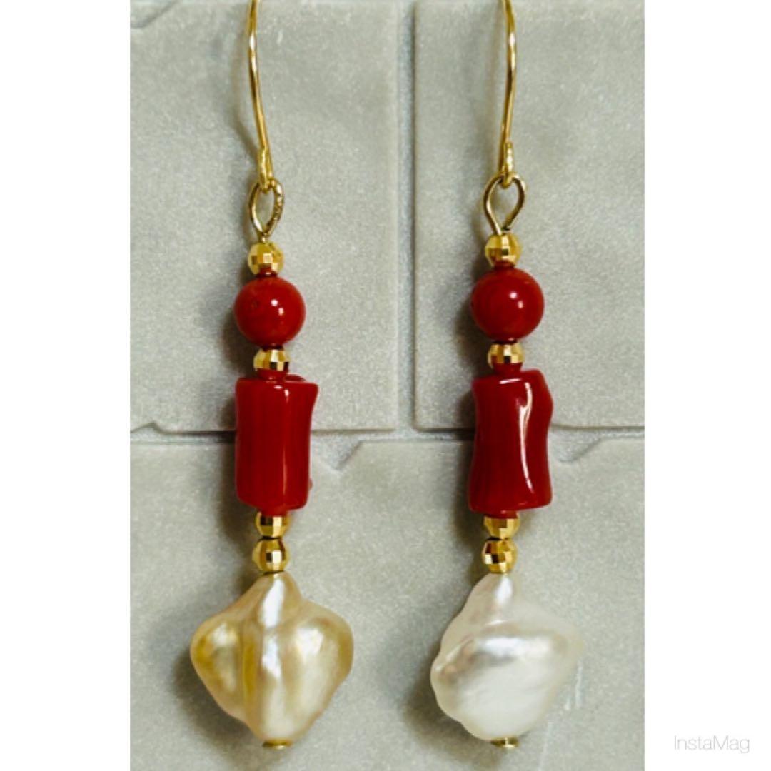 (M0205-6)K18YG南洋ケシパール＋赤珊瑚アメリカンピアス