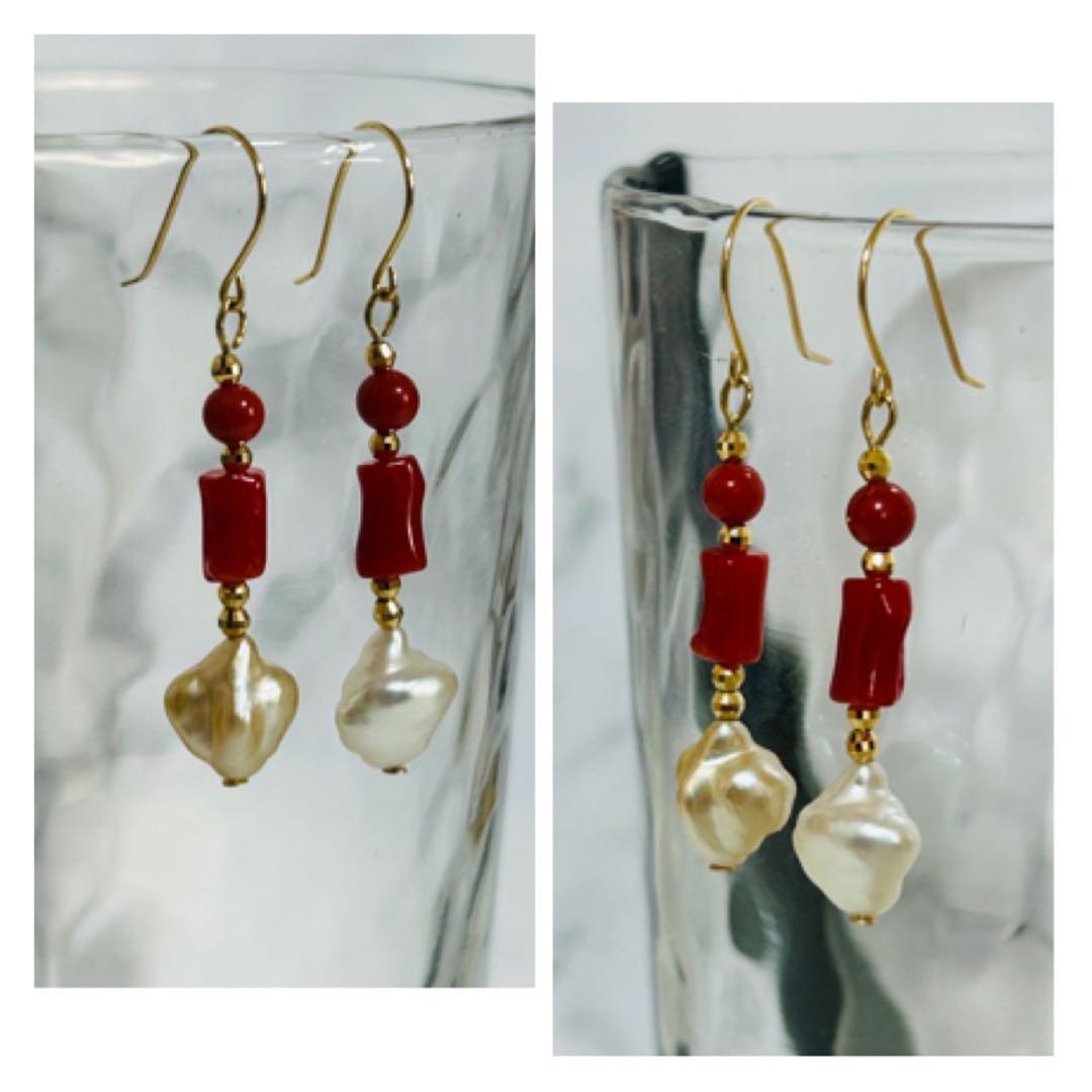 (M0205-6)K18YG南洋ケシパール＋赤珊瑚アメリカンピアス