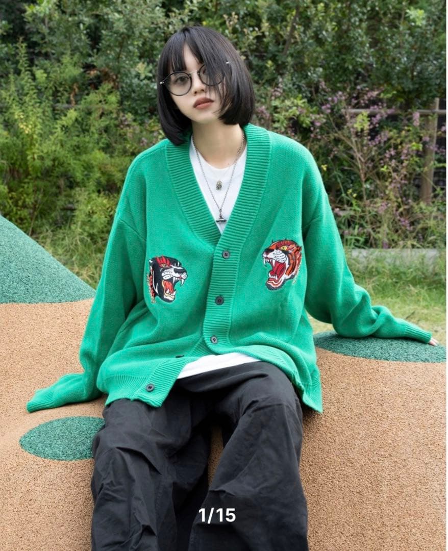 【新品未開封】チュウカタベタイTIGER KNIT cardigan/green