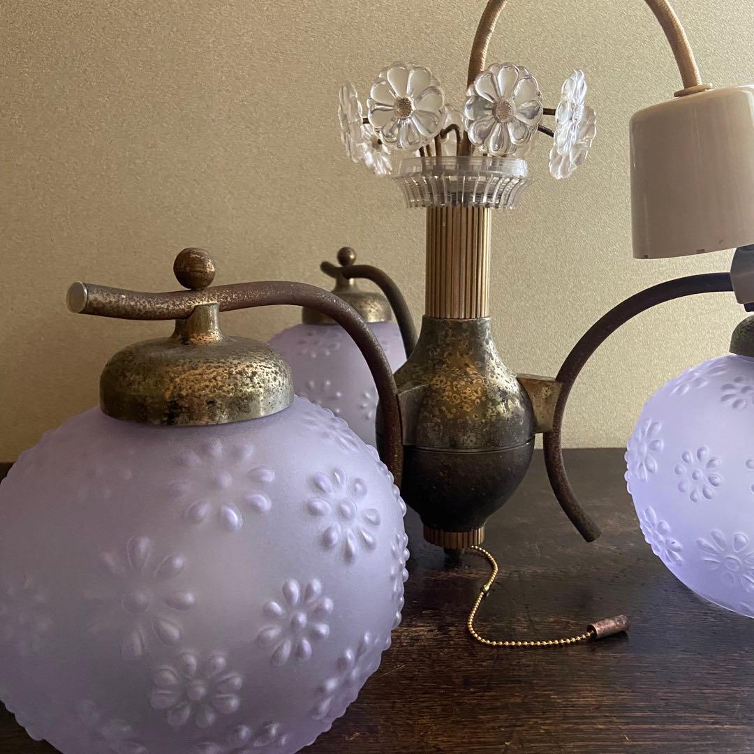 昭和レトロ　ペンダントライト　シャンデリア　花モチーフ　ブルーシェード