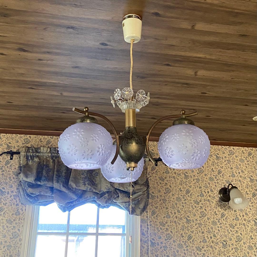 昭和レトロ　ペンダントライト　シャンデリア　花モチーフ　ブルーシェード