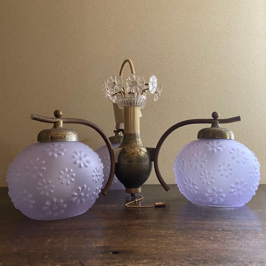 昭和レトロ　ペンダントライト　シャンデリア　花モチーフ　ブルーシェード