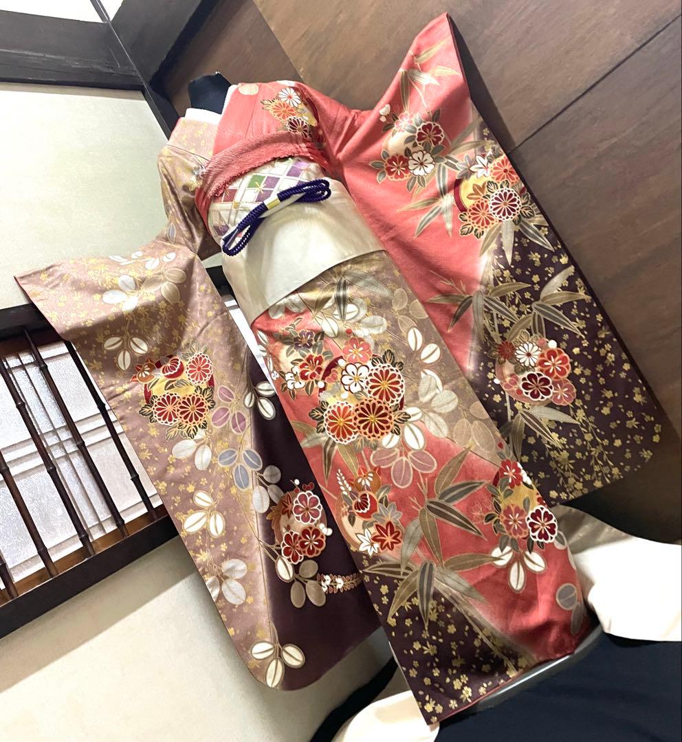 振袖 フルセット6点サイズM〜Ｌ菊花丸文　銀駒刺繍　正絹