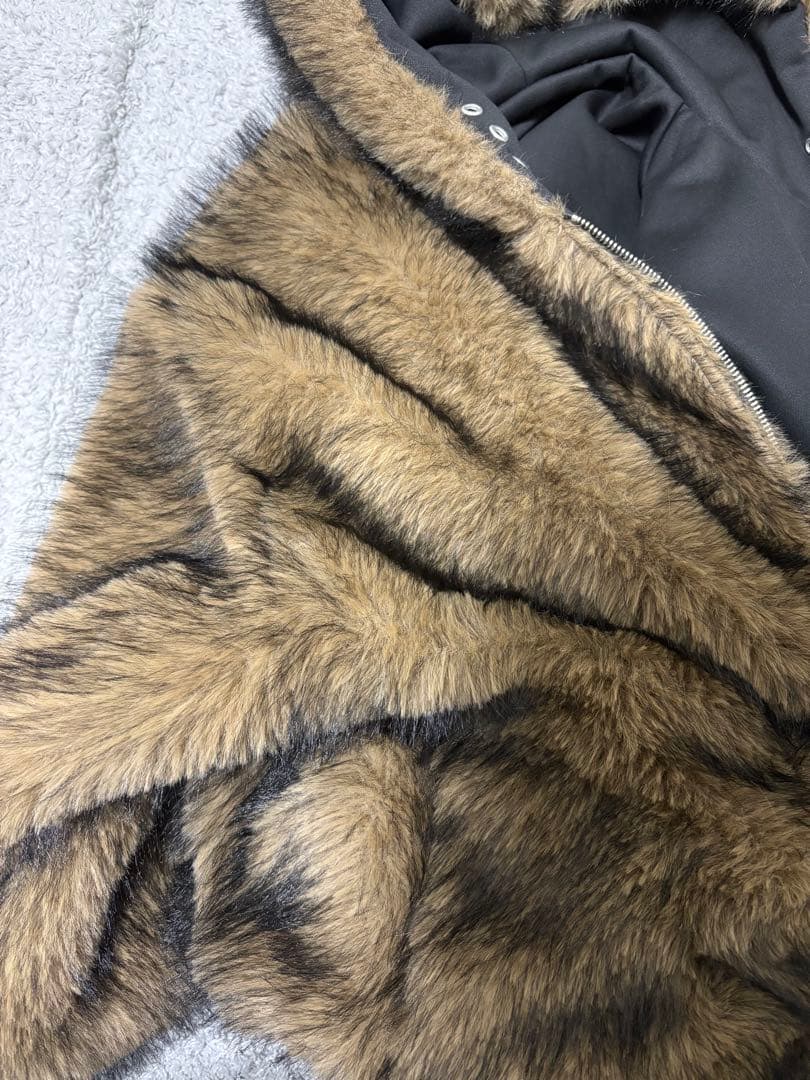 ファージャケット リバーシブル ブラウン ブラックミックス フード付き