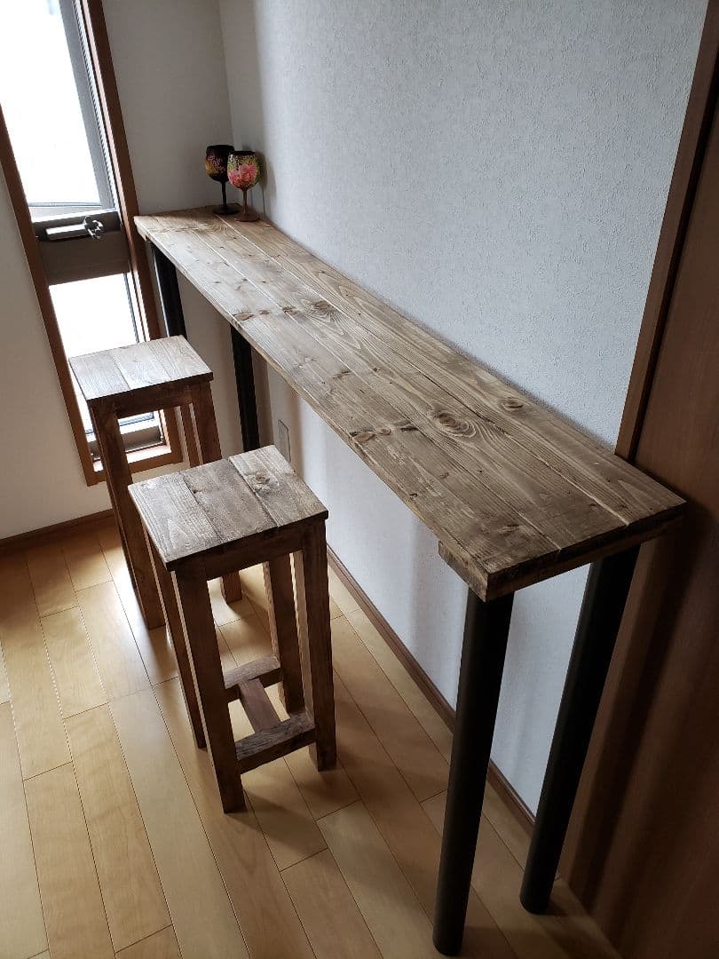 ジャコビーン　カウンターテーブル　椅子二脚セット　アンティーク　ワックス仕上げ