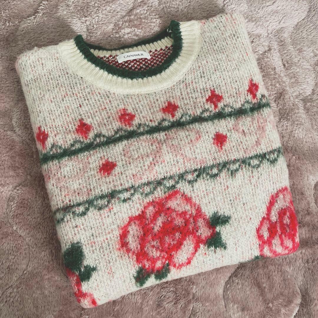 CALNAMUR ローズ＆リボンジャガードニット ホワイト / FREE